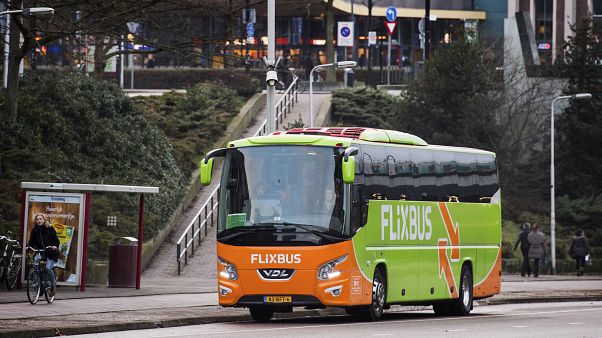 A bus of German provider Flixbus is seen in front of Nijmegen railway station in Nijmegen, The Netherlands, on December 28, 2016. A bus of German provider Flixbus is seen in front of Nijmegen railway station in Nijmegen, The Netherlands, on December 28, 2016.