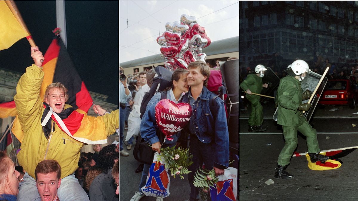 Reunification celebrations, 3 October, 1990; East Germans are greeted with balloons reading ‘hearty welcome’ in Bavaria, 11 September, 1989; Berlin anti-reunification protest