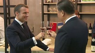 Macron and Xi clink glasses during the French president's state visit to China