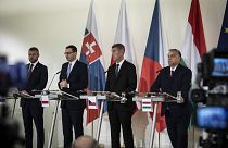 Orbán Viktor magyar, Andrej Babiš cseh, Mateusz Morawiecki lengyel és Peter Pellegrini szlovák kormányfő sajtótájékoztatója Prágában