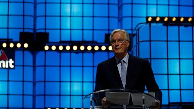 The EU's chief Brexit negotiator Michel Barnier speaks at Web Summit in Lisbon, Portugal