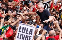 Former Brazilian President Luiz Inacio Lula da Silva greets his supporters after being released from prison, in Sao Bernardo do Campo, Brazil November 9, 2019. 
