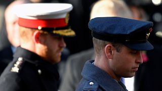 Britain's Prince William and Prince Harry attend a National Service of Remembrance at The Cenotaph in Westminster, London, Britain, November 10, 2019. 