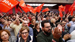 Supporters of Spain's acting Prime Minister and Socialist Party leader (PSOE) candidate Pedro Sanchez react during Spain's general election at party headquarters in Madrid.