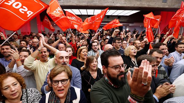 Supporters of Spain's acting Prime Minister and Socialist Party leader (PSOE) candidate Pedro Sanchez react during Spain's general election at party headquarters in Madrid. Supporters of Spain's acting Prime Minister and Socialist Party leader (PSOE) candidate Pedro Sanchez react during Spain's general election at party headquarters in Madrid.