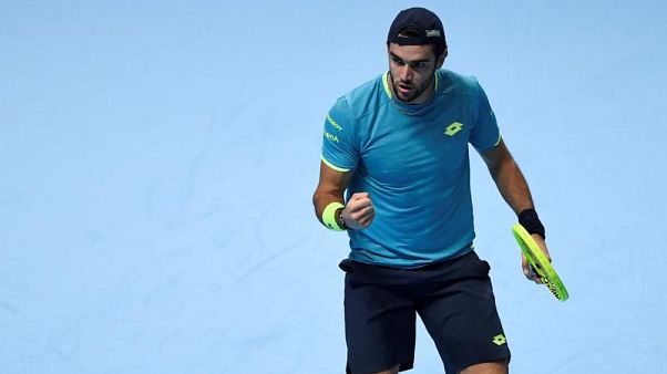 Matteo Berrettini durante la prima partita delle ATP Finals contro Djokovic. Matteo Berrettini durante la prima partita delle ATP Finals contro Djokovic.