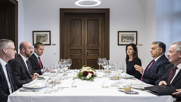 Orbán Viktor fogadja Charles Michelt, az Európai Tanács megválasztott elnökéta Karmelita kolostorban, jobbról Varga Judit igazságügyi miniszter Orbán Viktor fogadja Charles Michelt, az Európai Tanács megválasztott elnökéta Karmelita kolostorban, jobbról Varga Judit igazságügyi miniszter