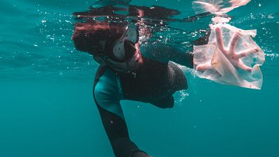 A diver captures plastic waste floating in the ocean. A diver captures plastic waste floating in the ocean.