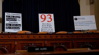 Signs are placed behind seats of committee members at a House Intelligence Committee hearing as part of the impeachment inquiry into U.S. President Donald Trump