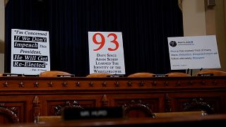 Signs are placed behind seats of committee members at a House Intelligence Committee hearing as part of the impeachment inquiry into U.S. President Donald Trump 