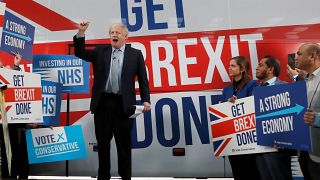 Britain's Prime Minister Boris Johnson addresses his supporters in front of the general election campaign trail bus in Manchester, Britain November 15, 2019.