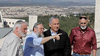Israeli Prime Minister Benjamin Netanyahu meets heads of regional councils in Jewish settlements at the Alon Shvut settlement, in the Gush Etzion block
