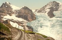 The Eiger, Guggi and Giesen Glaciers are pictured near the Jungfrau between 1890 and 1900 in Wengen, Switzerland