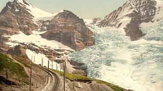 The Eiger, Guggi and Giesen Glaciers are pictured near the Jungfrau between 1890 and 1900 in Wengen, Switzerland 