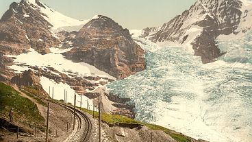 The Eiger, Guggi and Giesen Glaciers are pictured near the Jungfrau between 1890 and 1900 in Wengen, Switzerland 