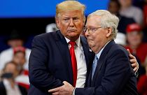 Senator Mitch McConnell (R-KY) hugs U.S. President Donald Trump at a Keep America Great Rally at the Rupp Arena in Lexington, Kentucky, U.S., November 4, 2019