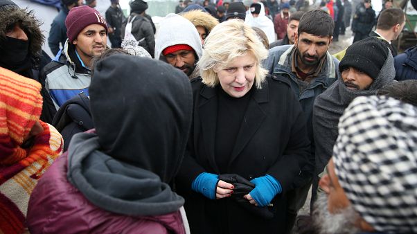 Dunja Mijatovic spoke to migrants at the makeshift camp near near Bihac, Bosnia and Herzegovina Dunja Mijatovic spoke to migrants at the makeshift camp near near Bihac, Bosnia and Herzegovina