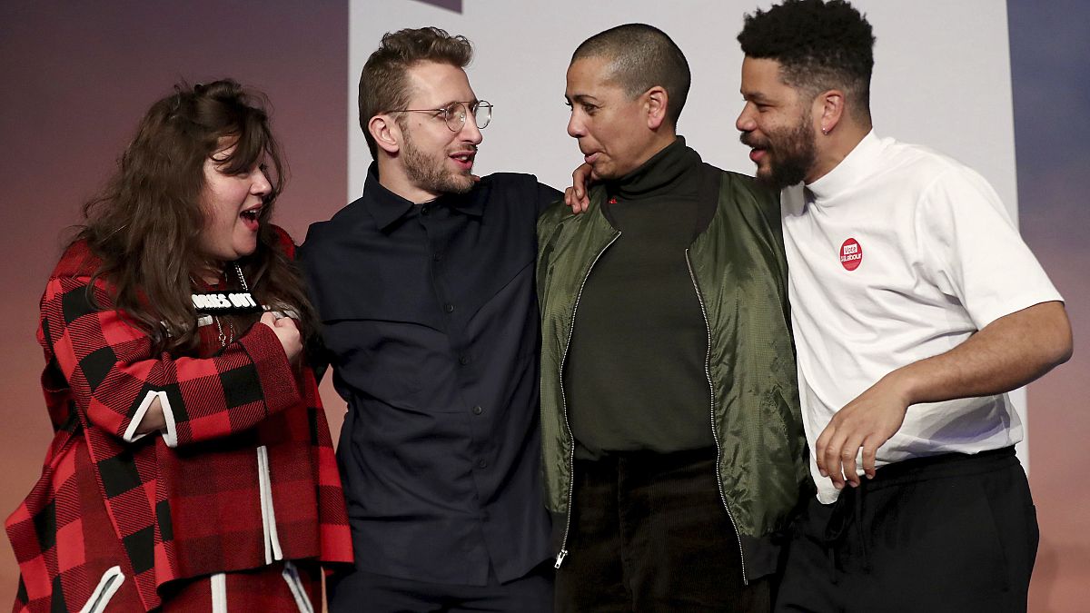 From left; Tai Shani, Lawrence Abu Hamdan, Helen Cammock and Oscar Murillo, after being announced as the winners for the 2019 Turner Prize at Dreamland Margate, in London