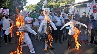 دانشجویان معترض به لایحهٔ شهروندی جدید، در آسام هند، عروسک نخست وزیر و وزیر کشور هند را می‌سوزانند