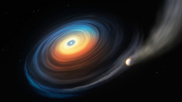 This illustration shows the white dwarf WDJ0914+1914 and its Neptune-like exoplanet. This illustration shows the white dwarf WDJ0914+1914 and its Neptune-like exoplanet.