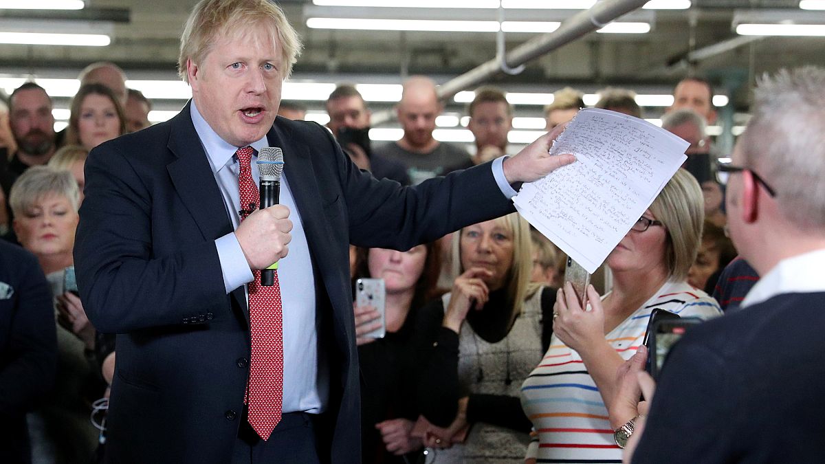 Britain's Prime Minister Boris Johnson delivers a speech during a meeting with workers as he visits John Smedley Mill in Matlock, Derbyshire, Britain December 5, 2019. 