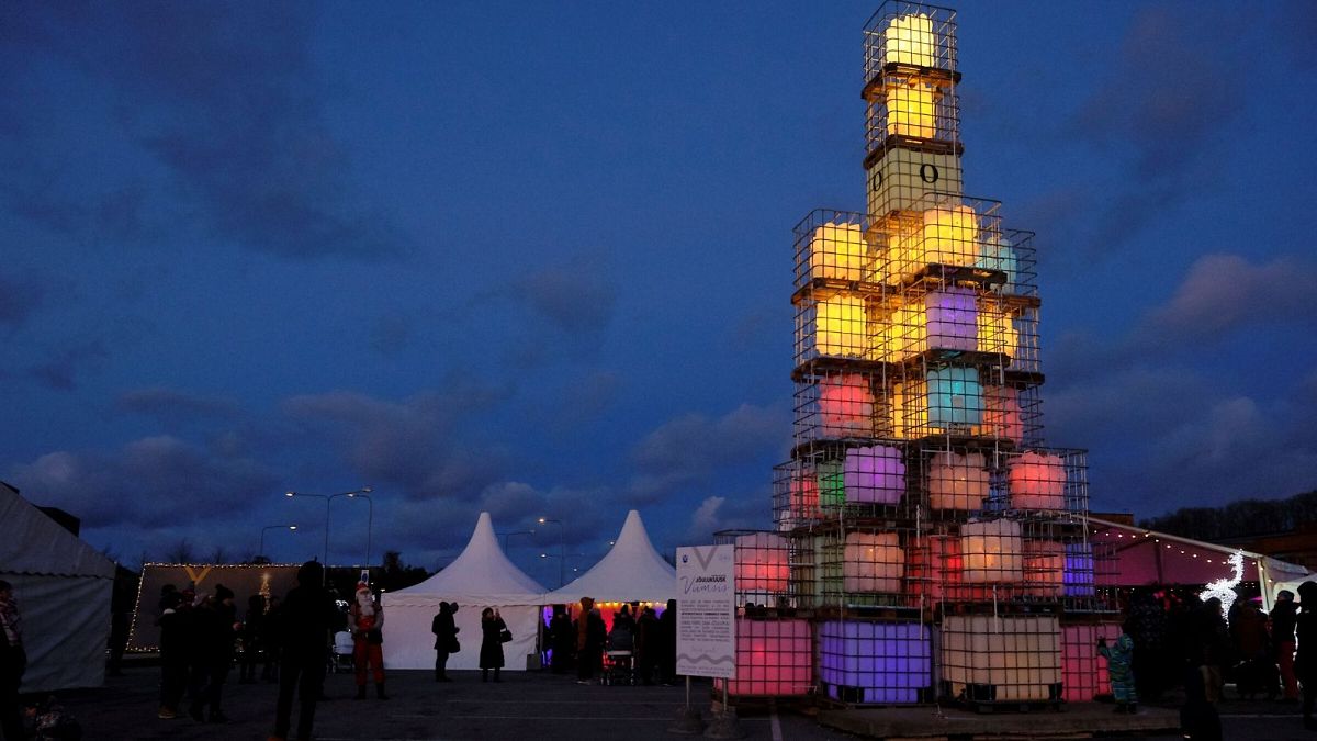 Colorful Christmas tree made by re-used plastic containers in Viimsi, Estonia