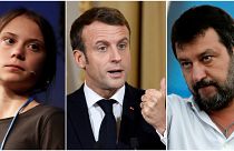 İsveçli iklim aktivisti Greta Thunberg, Fransa Cumhurbaşkanı Emmanuel Macron ve İtalya aşırı sağ politikacı Matteo Salvini