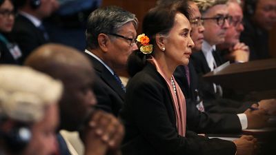 Myanmar's leader Aung San Suu Kyi attends a hearing in a case filed by Gambia against Myanmar at the International Court of Justice in The Hague, Netherlands, Dec 10, 2019.