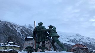  Chamonix, 12 December 2019 - Statue of Jaques Balmat showing Horace Benedict de Sassure the route up to the summit of Mont Blanc.