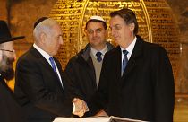 Brazilian President Jair Bolsonaro, accompanied by Israeli Prime Minister Benjamin Netanyahu, during a visit to Jerusalem.