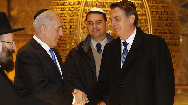Brazilian President Jair Bolsonaro, accompanied by Israeli Prime Minister Benjamin Netanyahu, during a visit to Jerusalem. Brazilian President Jair Bolsonaro, accompanied by Israeli Prime Minister Benjamin Netanyahu, during a visit to Jerusalem.