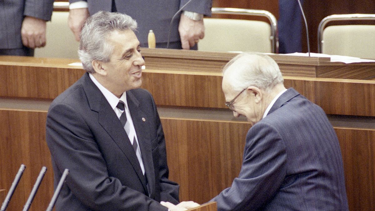 Newly elected Egon Krenz shown with President of the People's Chamber, Horst Sindermann on Oct. 24, 1989. (AP Photo/Rainer Klostermeier)