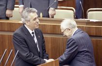 Newly elected Egon Krenz shown with President of the People's Chamber, Horst Sindermann on Oct. 24, 1989. (AP Photo/Rainer Klostermeier)