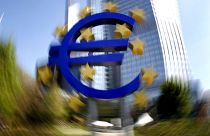 The Euro sculpture in front of the European Central Bank is seen in Frankfurt, central Germany, Wednesday, April 28, 2010. (AP Photo/Michael Probst)