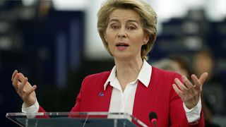 European Commission President Ursula von der Leyen right, speaks during the Commemoration of the 10th anniversary of the Lisbon Treaty .