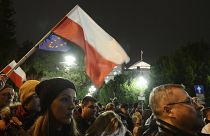 Demonstrators hold a rally to protest against changes to Poland's judiciary planned by the ruling Law and Justice party near the building of parliament in Warsaw, Poland.