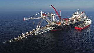 In this Nov. 11, 2018 file photo a ship works offshore in the Baltic Sea on the natural gas pipeline Nord Stream 2 from Russia to Germany. 