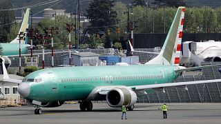 Workers stand near a Boeing 737 MAX built for American Airlines