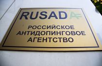 A sign reading "Russian National Anti-doping Agency RUSADA" on a building in Moscow, Russia.