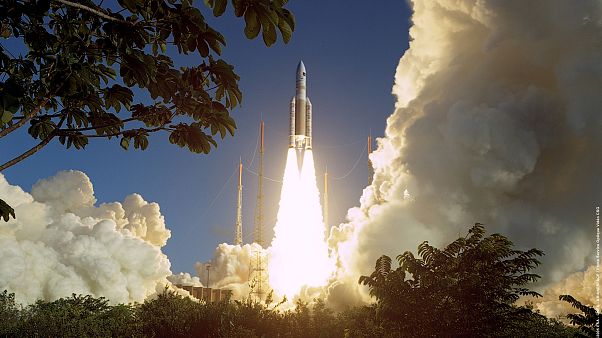 View of the Ariane-5 ECA Flight 164 launch on 12 February 2005 from Europe's Spaceport in French Guiana. View of the Ariane-5 ECA Flight 164 launch on 12 February 2005 from Europe's Spaceport in French Guiana.