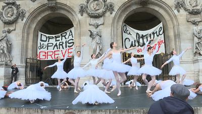 Ballet dancers protest against French pension reform on steps of Opera Garnier