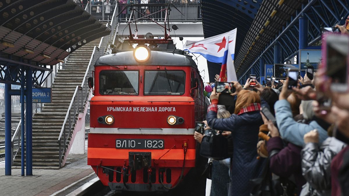 Celebrations at the arrival of the Russian train in Sevastopol, Crimea
