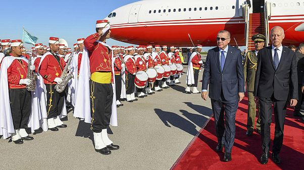 Turkey's Erdogan, left and Tunisian President Kais Saied, in Tunis Turkey's Erdogan, left and Tunisian President Kais Saied, in Tunis