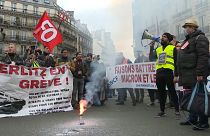 French pension strikers and Gilets Jaunes march together on 24th day of action