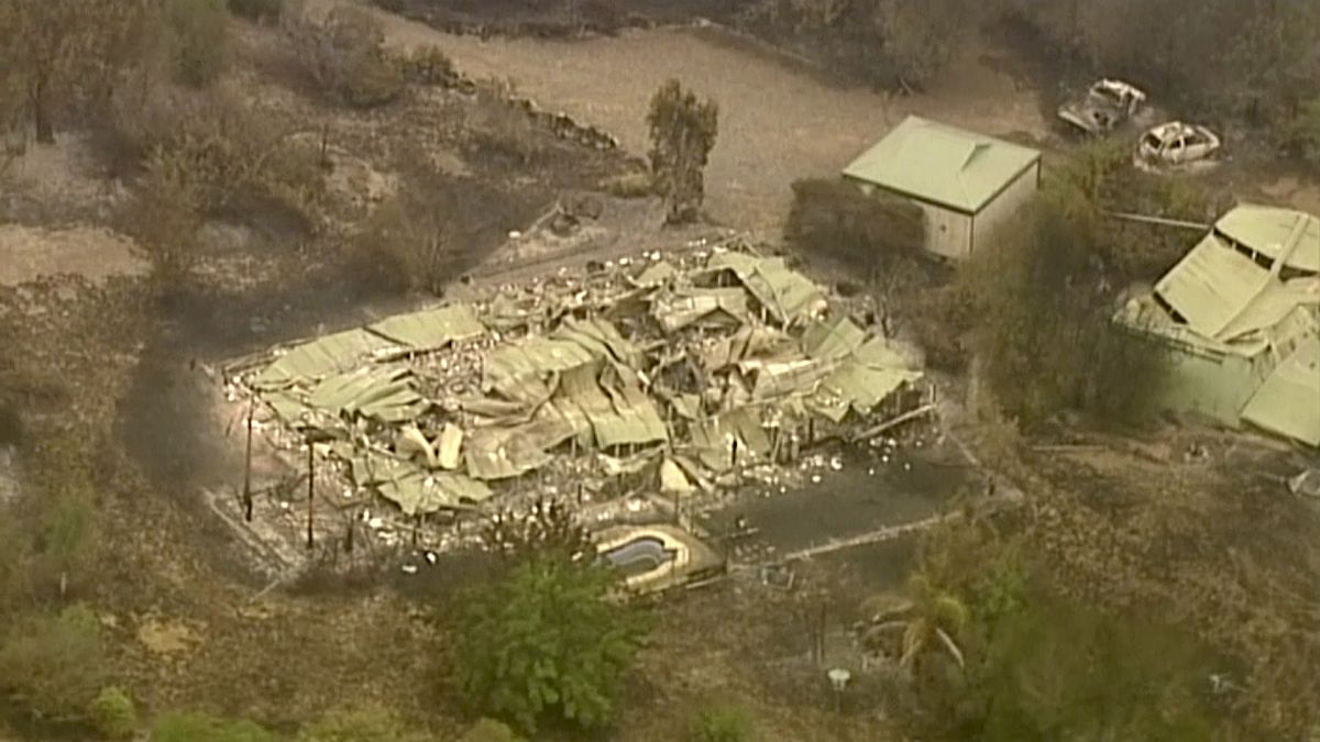 In this image made from video, an aerial scene shows destroyed properties after a wildfire in East Grippsland, Victoria, Wednesday, Jan. 1, 2020. 