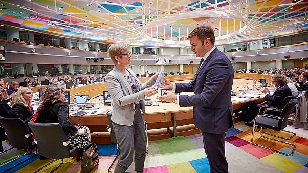 Handing of EU Council presidency from Finnish minister Krista Mikkonen to Croatian minister Tomislav Ćorić. Handing of EU Council presidency from Finnish minister Krista Mikkonen to Croatian minister Tomislav Ćorić.