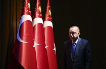 Turkey's President Recep Tayyip Erdogan arrives to deliver a speech at an event in Ankara, Monday, Dec. 30, 2019