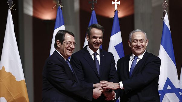Greece’s Prime Minister Kyriakos Mitsotakis, center, Cypriot President Nicos Anastasiadis left and Israeli Prime Minister Benjamin Netanyahu Greece’s Prime Minister Kyriakos Mitsotakis, center, Cypriot President Nicos Anastasiadis left and Israeli Prime Minister Benjamin Netanyahu