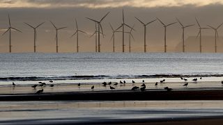 An offshore wind farm is visible from the beach in Hartlepool, England, Tuesday, Nov. 12, 2019.