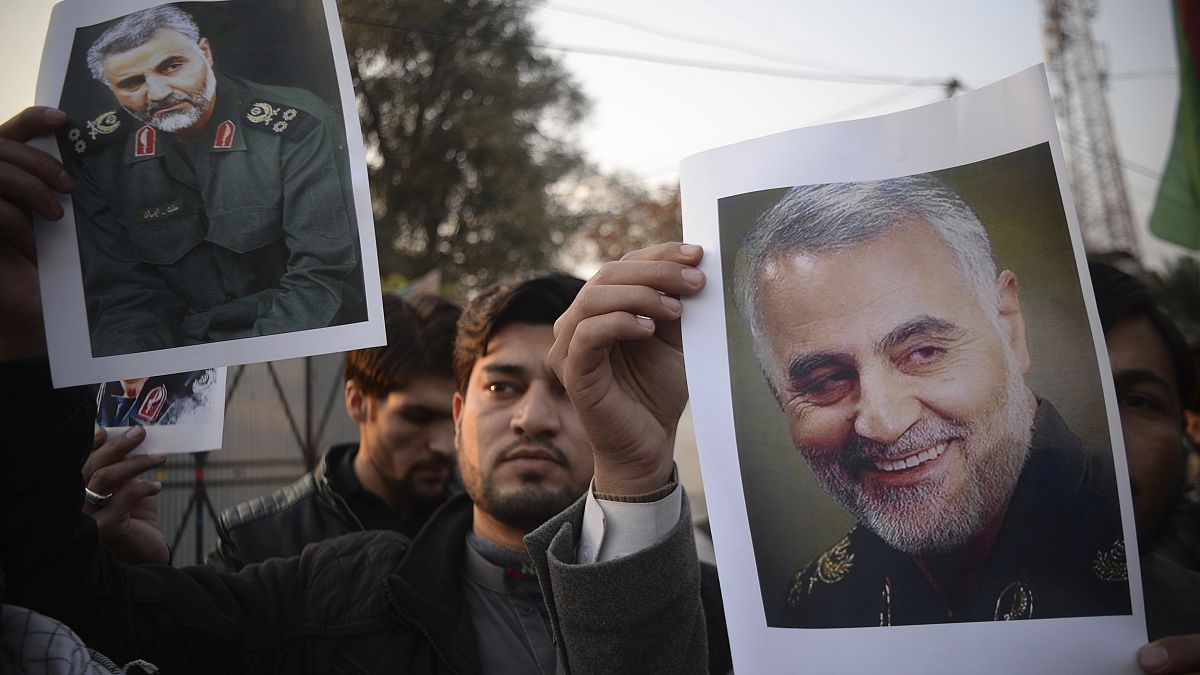 Pakistani demonstrate over the U.S. airstrike in Iraq that killed Iranian Revolutionary Guard Gen. Qassem Soleimani, in Peshawar, Pakistan, Friday, Jan. 3, 2020. 